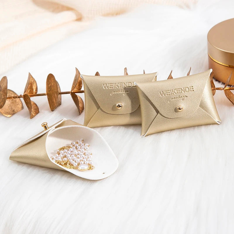 Custom Logo Embossed PU Leather 50/100pcs 5x7cm Gold Jewelry Bag Rings Earrings Necklaces Button Organizer Storage Gift Pouch