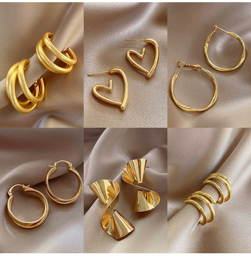 925 Silver Needle Hong Kong Style Retro Metal Earrings Women's High-Grade Geometric Simple Bracelet Ear Clip All-Match Exaggerated Commuter Earrings