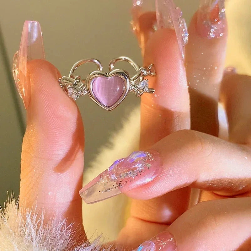 Pink Love Heart Rings for Women Opening Personality Thorn Finger Ring Fashion Sweet Girls Jewelry Wedding Party Accessories 2024