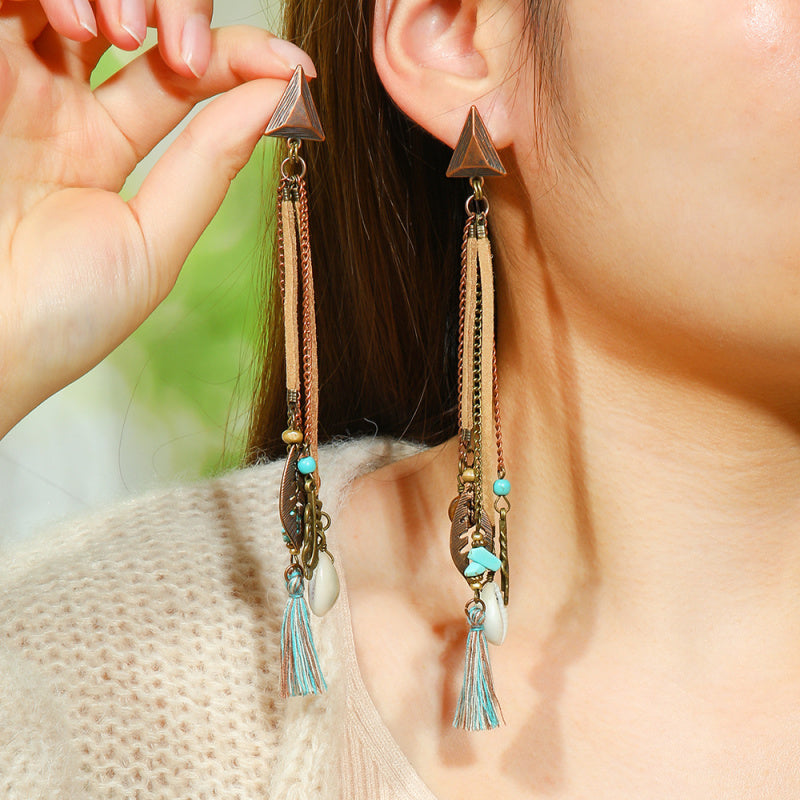 Earrings Bohemian Hair Long Tassel Shell Horn Sunflower Earrings