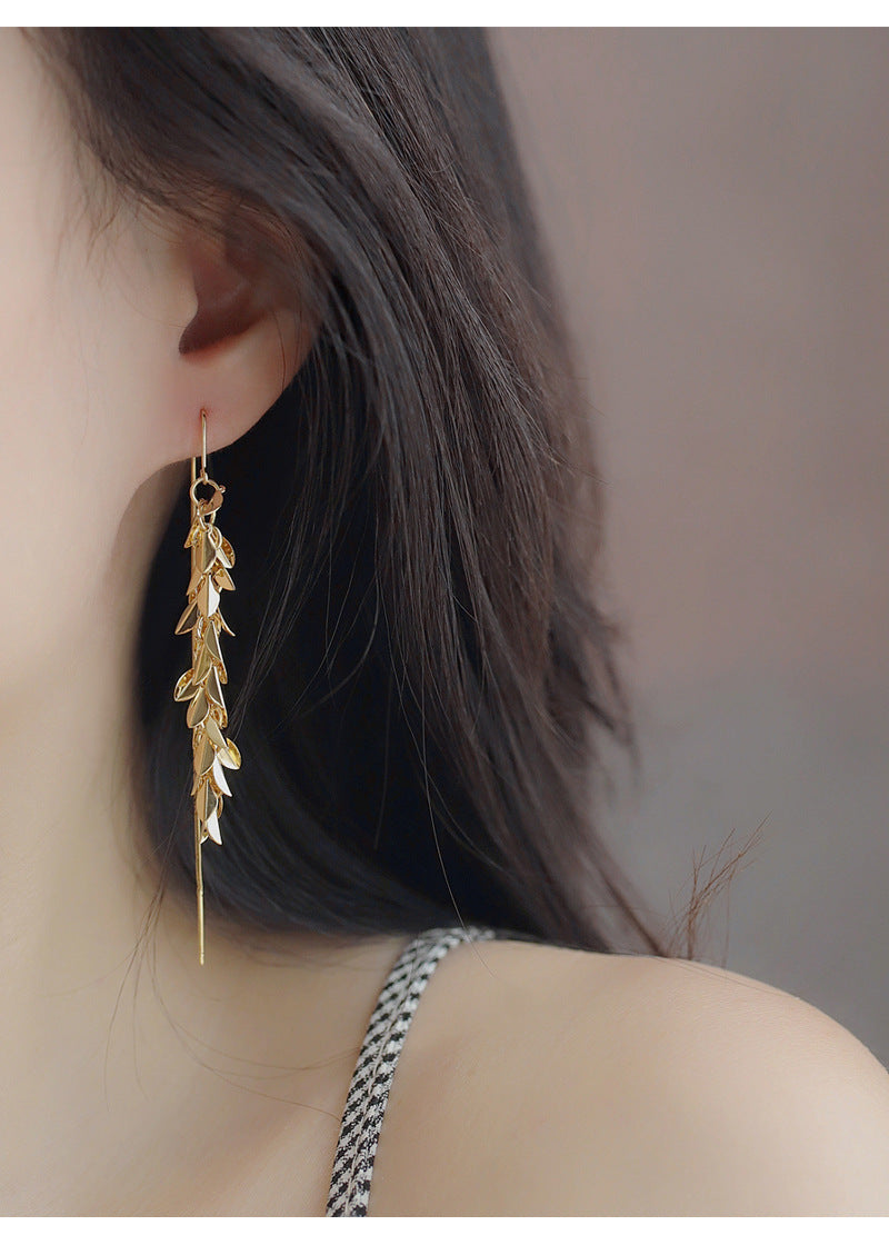Unique Design Gold Wheat Ear Long Tassel Earrings Ear Thread Light Luxury Elegant Fashion Minimalist Style Earrings