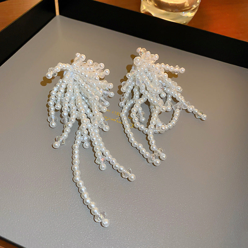 Silver Needle Inlaid with Diamonds and Pearls Flower Tassel Earrings Niche Style Atmosphere Earrings Fashionable Light Luxury High-end Earrings