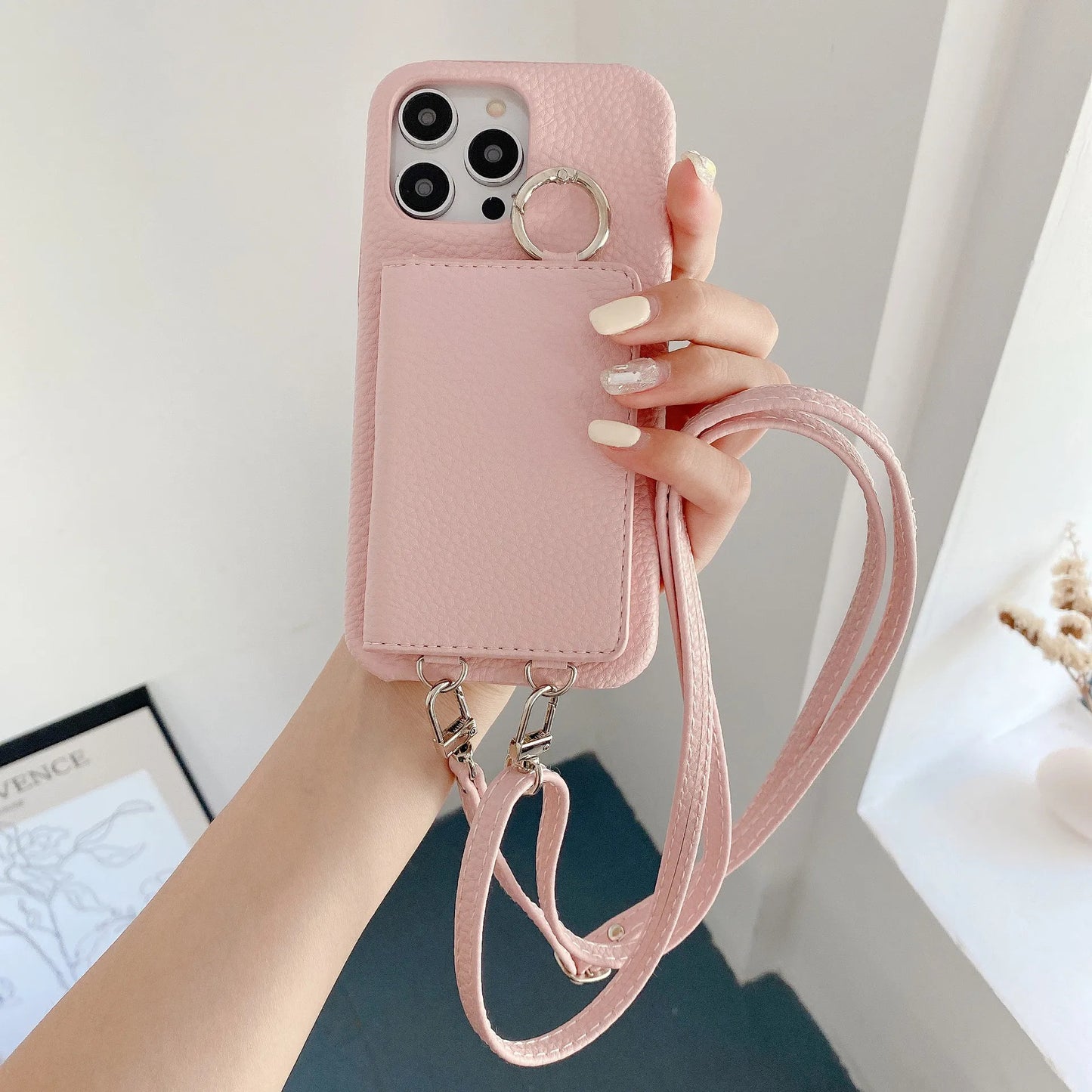 Ring Holder Mirror Card Slot Case For iPhone 13 12 Mini 16E 16 15 14 11 Pro XS Max 8 Plus Crossbody Wallet Lanyard Leather Cover