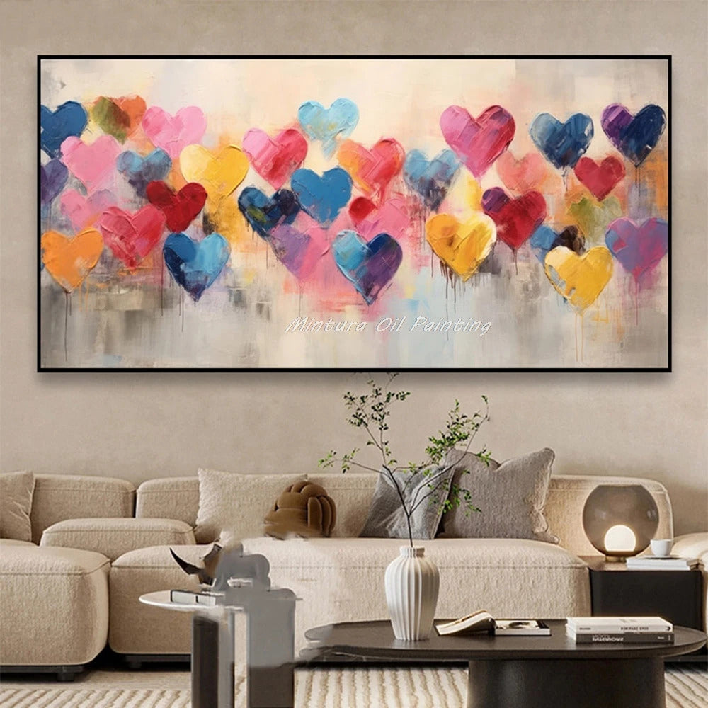 Mintura,100% Handmade Knife Graffiti Pink Red Heart Oil Painting on Canvas,Modern Abstract Wall Art Picture,Room Home Decoration