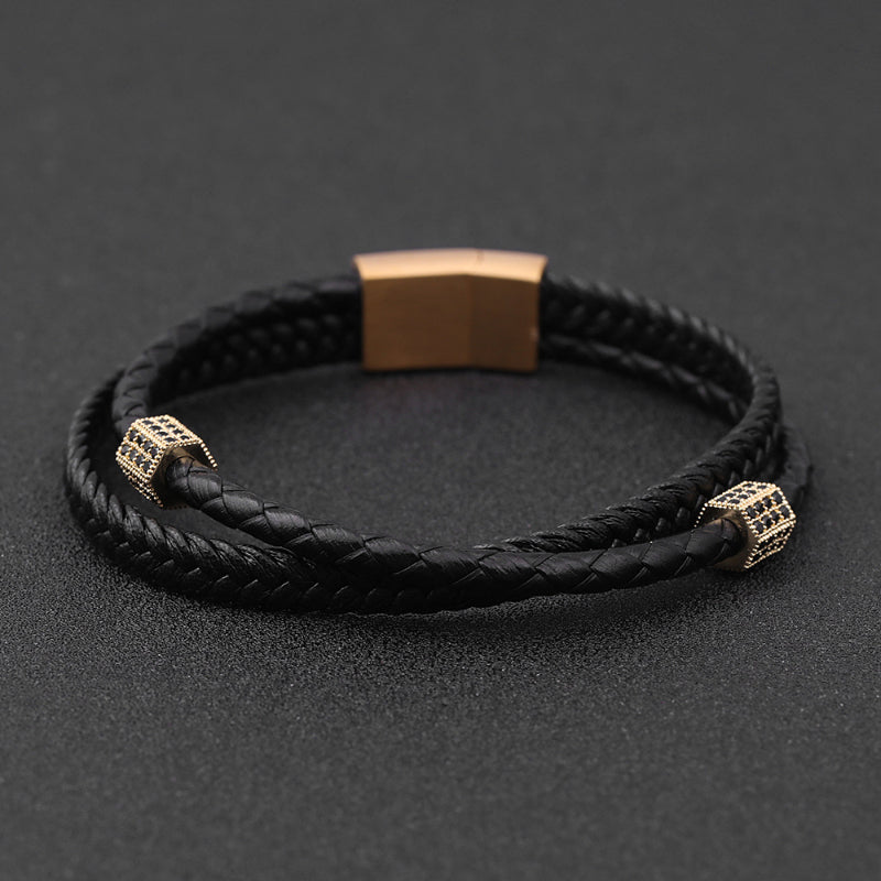 Personalized multi-layer woven leather bracelet men's hot sale stainless steel diamond bracelet gift jewelry