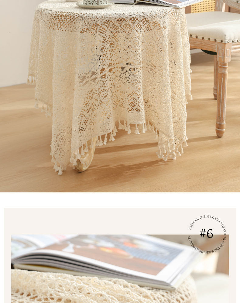 American Pastoral Cotton Woven Tablecloth Lace Hollow Crochet Tassel Dining Tablecloth French Cover Cloth Vintage Ins Tablecloth