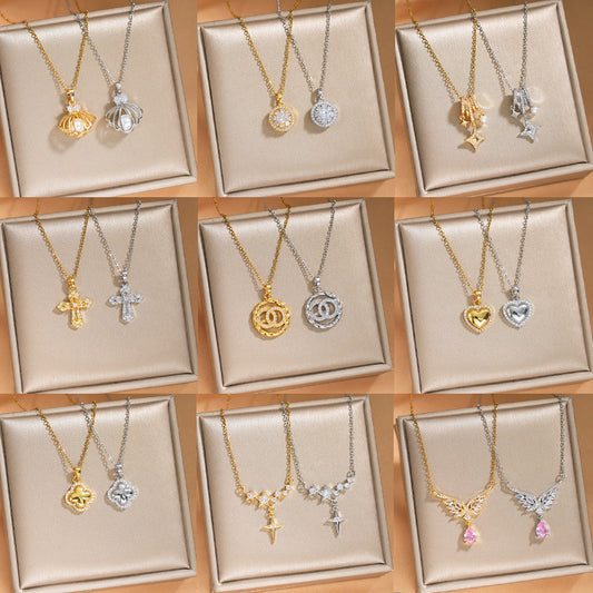 Elegant Inlaid Zircon Exquisite Titanium Steel Necklace for Women Fashionable Versatile Internet Celebrity Collarbone Chain Niche Light Luxury Jewelry