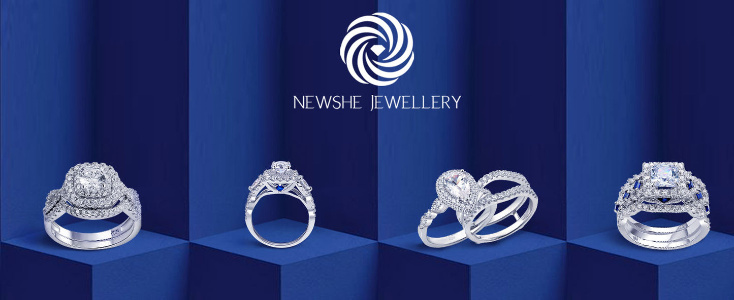 Newshe 3 Pcs Wedding Rings Set for Women 925 Silver 2.6Ct Princess Cut White Blue AAAAA CZ Luxury Bridal Engagement Jewelry