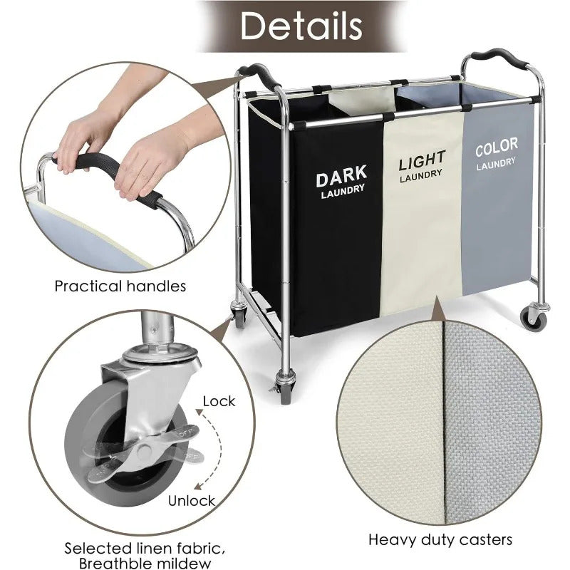 Laundry Basket with Wheels, 240l Laundry Hamper with 3 Section Laundry Bag for Dirty Clothes, Dorm Room Essentials