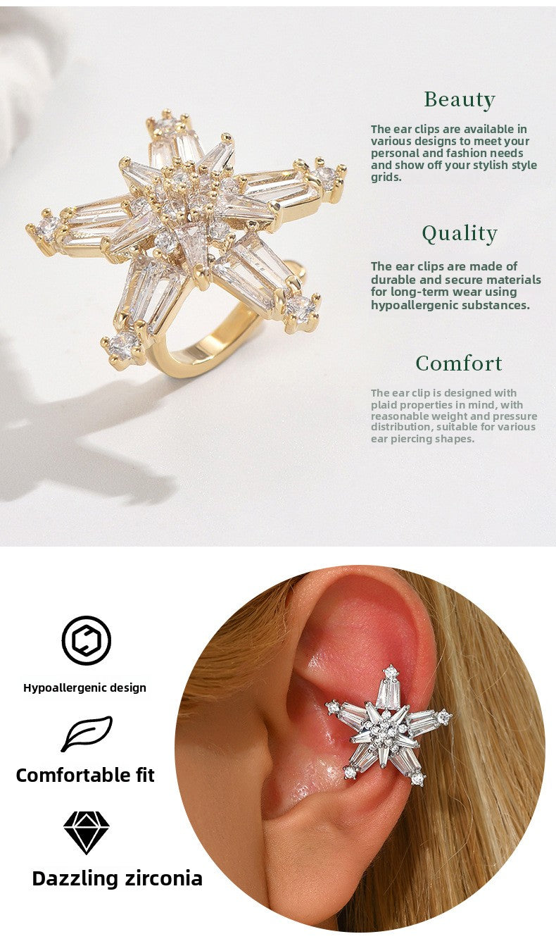 Five-Pointed Star Ear Clip Full Diamond Copper Earrings Studded with Zircon Korean Style Ear Clip Simple Fashion Sweet Non-Piercing Ear Clip