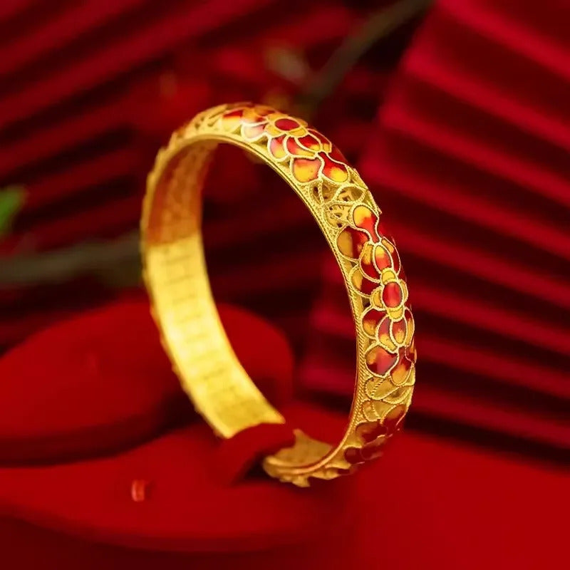 Chinese style wedding jewelry exquisite antique gold craftsred Lotus Flower bangles enamel retro charms bracelet for women