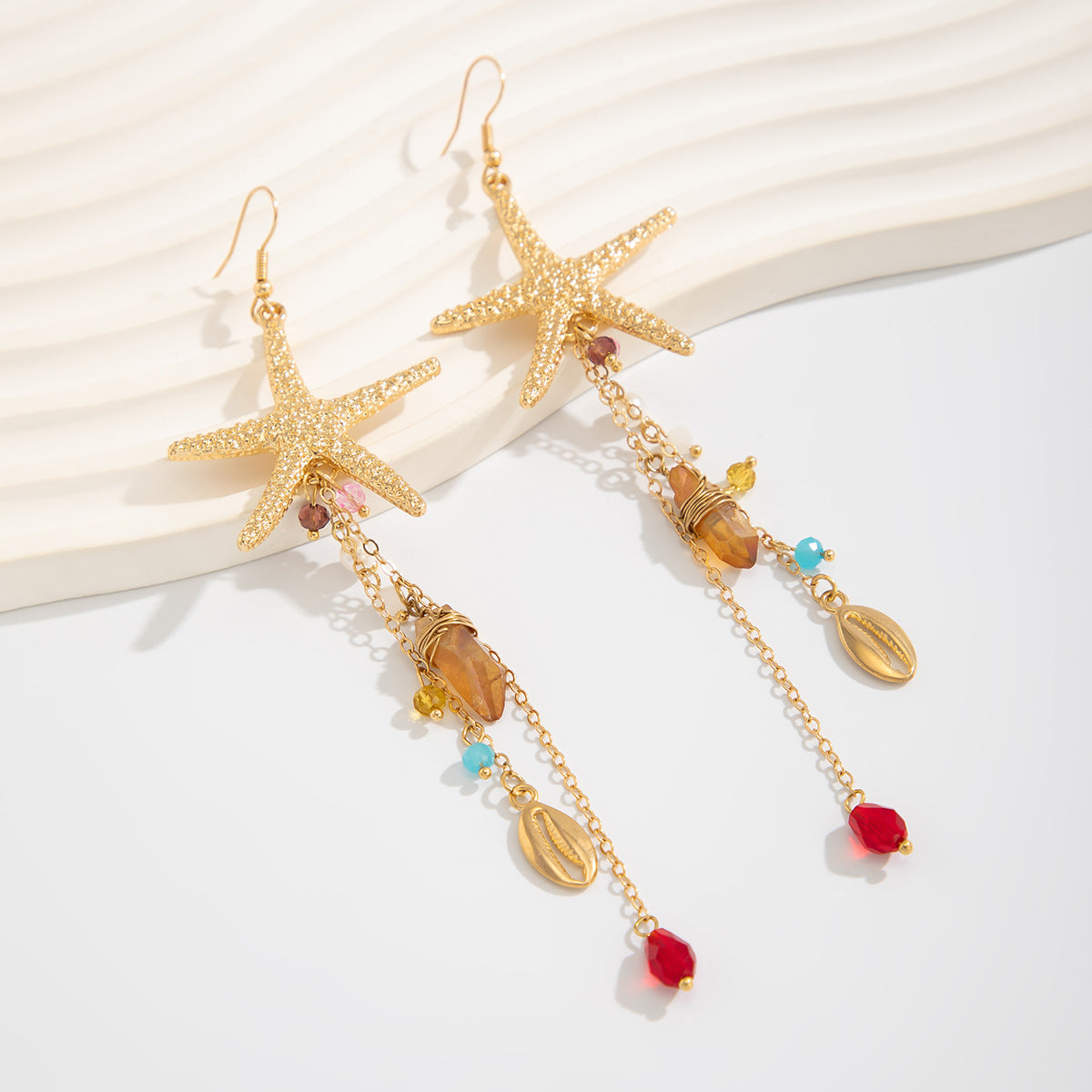 Vacation Beach Starfish Jellyfish Alloy Earrings Fashion High Sense Crystal Tassel Earrings