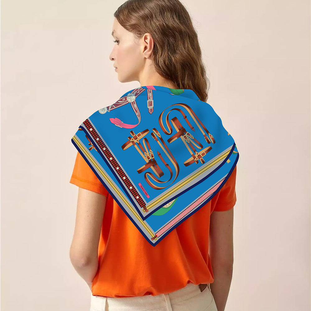 90cm Silk Scarf Women Belt Chain Design Square Scarf Head Echarpes Silk Foulards Femme Wraps Beach Shawls Bandana Lady Hijabs