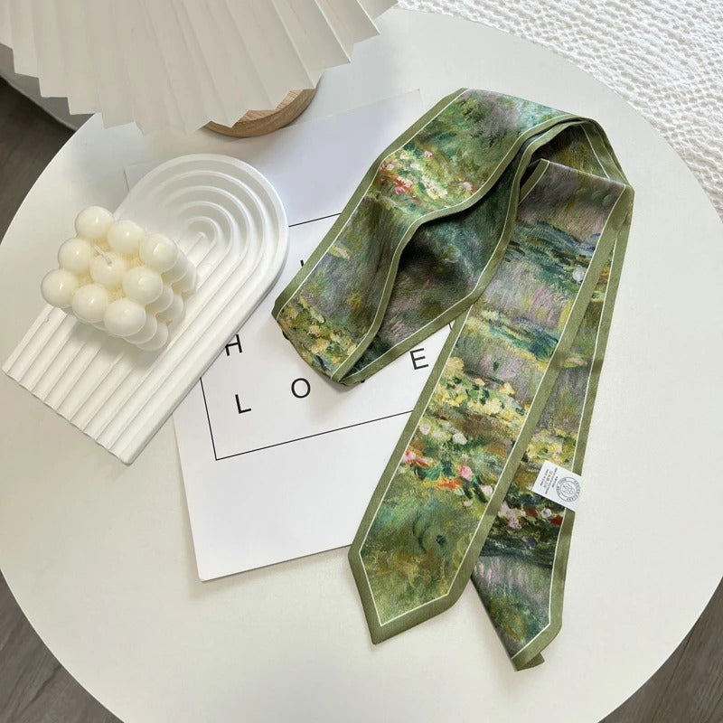 High-Grade Flower Print Long Silk Scarf Hair Band Ribbon Tied-up Hair Long Bow Vintage Satin Ribbon Hair Accessories For Women