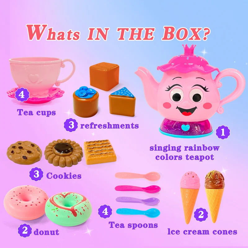 23 PCS Tea Party Set for Toddler Little Girls 3-5 with Teapot Tea Cup Music & Light Play Food Toy Kitchen Accessories for Kids