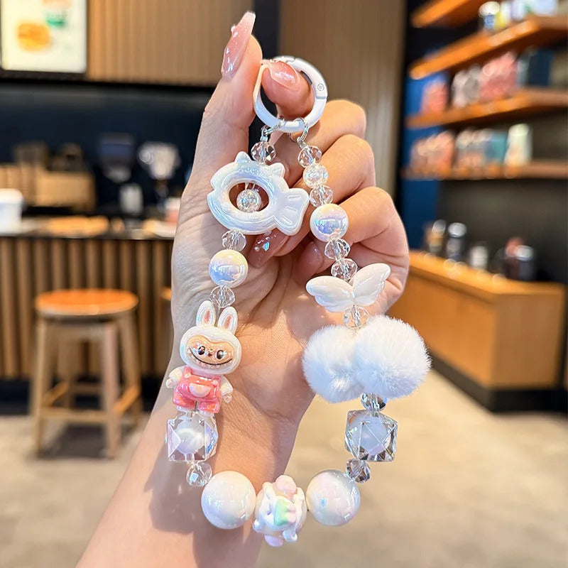 New Labubu wool ball bead Phone Chain Girls Kawaii Cartoon Backpack Pendant Cute Keychain Lanyard Bag Charm Mobile Case Gift