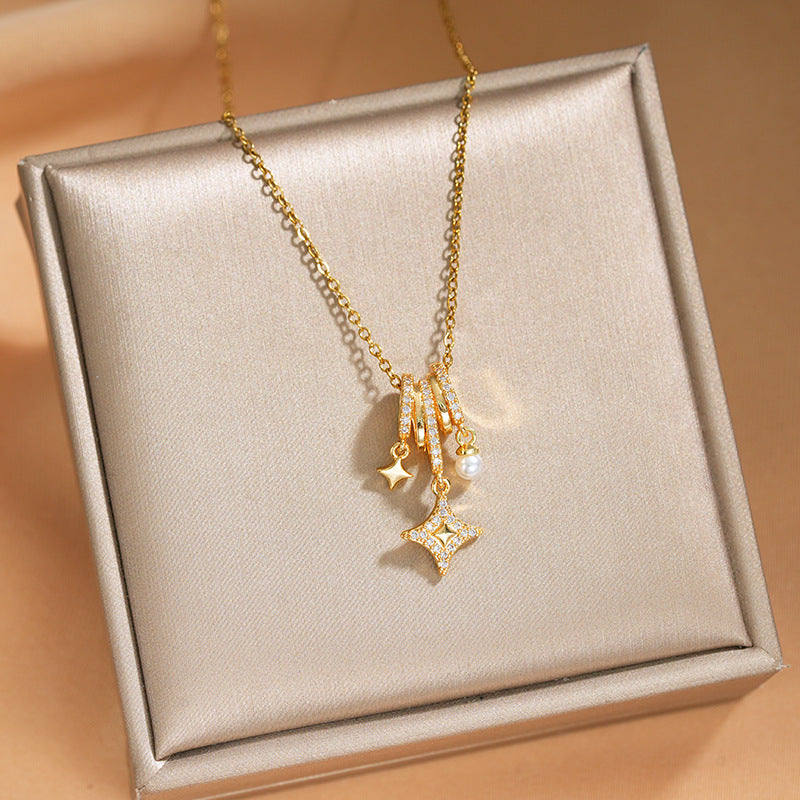 Elegant Inlaid Zircon Exquisite Titanium Steel Necklace for Women Fashionable Versatile Internet Celebrity Collarbone Chain Niche Light Luxury Jewelry