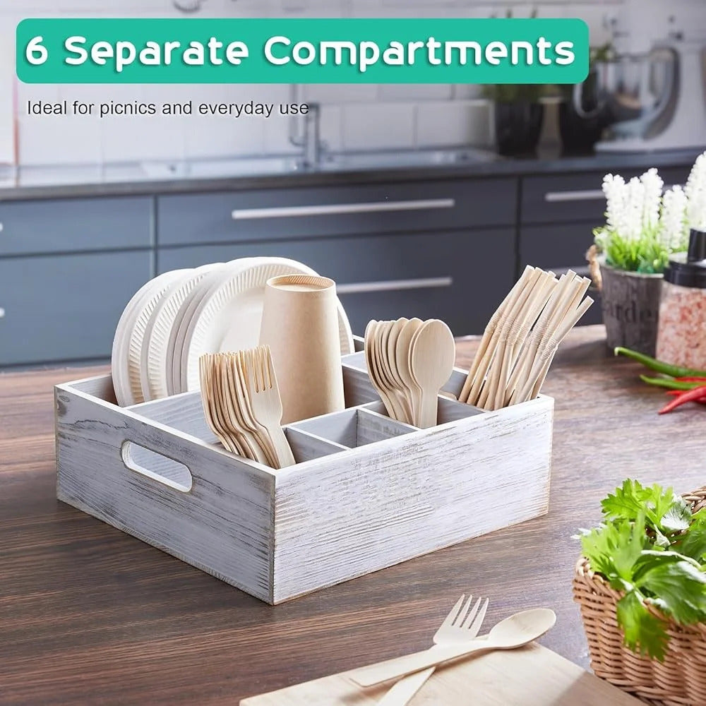 Rustic Utensil Holder Parties Kitchen Paper Plate Organizer Caddy with 6 Compartments Cups Forks Spoons and Napkins Storage