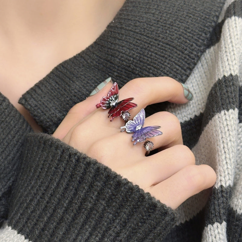 Korean Style Super Fairy Temperament Colorful Butterfly Ring for Women, Light Luxury Niche Versatile Temperament Open Finger Ring, Internet Celebrity Ring