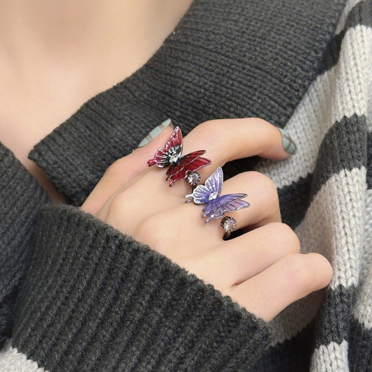 Korean Style Super Fairy Temperament Colorful Butterfly Ring for Women, Light Luxury Niche Versatile Temperament Open Finger Ring, Internet Celebrity Ring