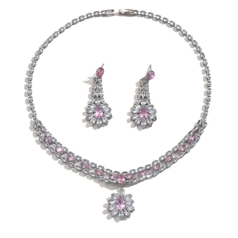 3PC Women's Fashion Zircon Flower Fresh Necklace Earrings Jewelry Set Design Sense Wedding Party Festival Gift-8556