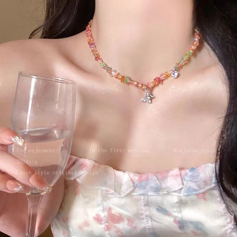 Candy Color Dopamine Necklace for Women Versatile Niche Design Beaded Choker Chain Sweet Cool Girl Neck Chain Internet Celebrity Jewelry