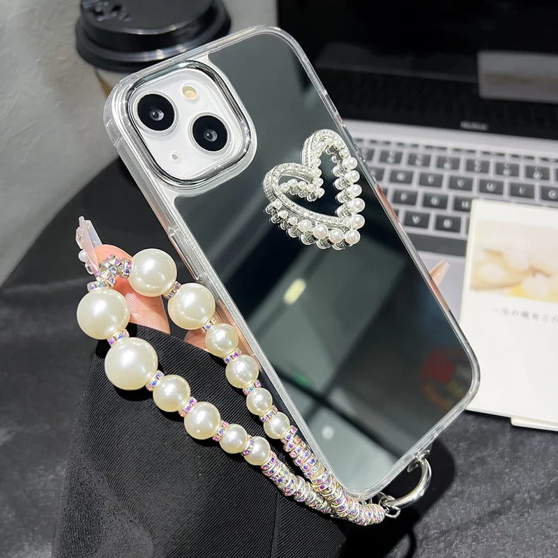 Love Heart Lanyard Mirror Phone Case For iPhone 13 11 16 15 Pro Max 12 14 Plus XR X XS Case Wrist Chain Makeup Mirror Soft Cover