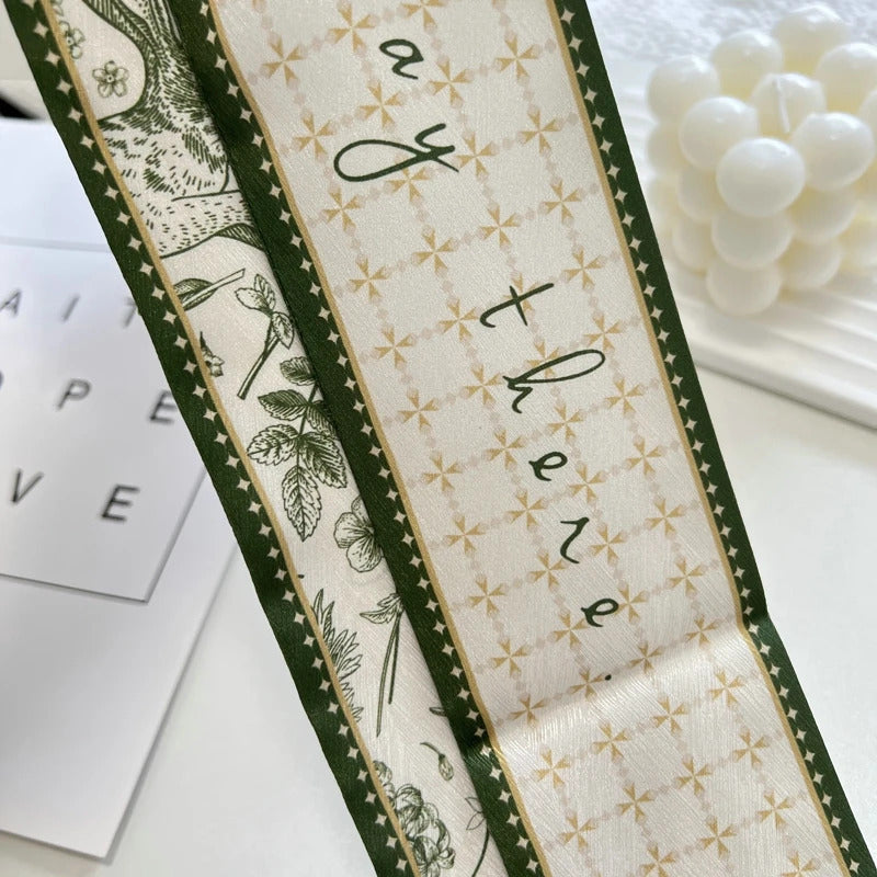 High-Grade Flower Print Long Silk Scarf Hair Band Ribbon Tied-up Hair Long Bow Vintage Satin Ribbon Hair Accessories For Women