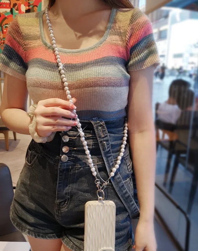 Universal Glitter Phone Lanyard Long Crossbody Necklace Chain Pearl Straps Keychain Anti-lost Sling with Patch for Phone Case