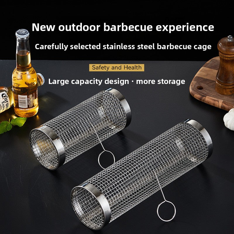 Stainless Steel BBQ Grill Net Tube Outdoor BBQ Cage Rolling BBQ Tube Cylindrical BBQ Net Meat Roasting Cylinder