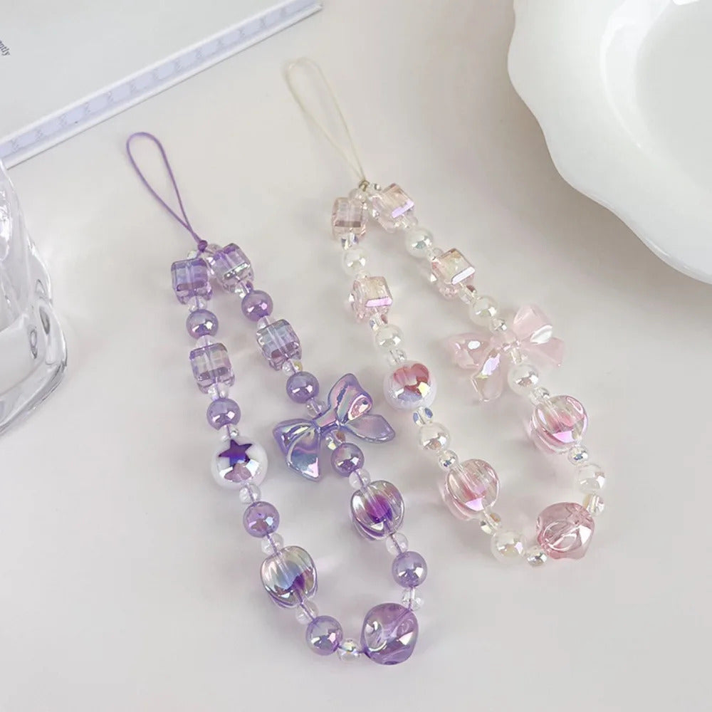 Sweet Candy Color Mobile Phone Chain Cute Bow Beaded Cellphone Pendant Charms Women Cell Phone Case Anti-loss Lanyard Jewelry