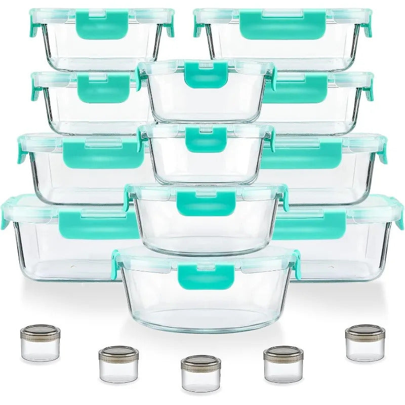 34pcs Glass Food Storage Containers with Lids Set, Airtight Glass Meal Prep Containers (17 Containers & 17 Lids), Leak Proof