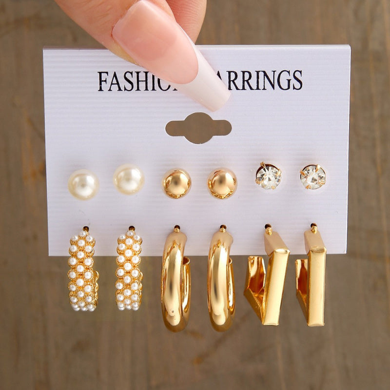 Metal Earrings Square Geometric Earrings Vintage Imitation Pearl Earrings Hepburn Earrings suit 6-piece Set