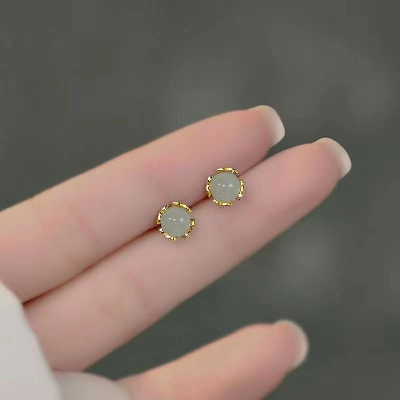 Ear-Caring S925 Sterling Silver Jade Stud Earrings Opal Gold Inlaid with Jade Anti-Allergy Stud Earrings for Women to Give Mom Holiday Gift