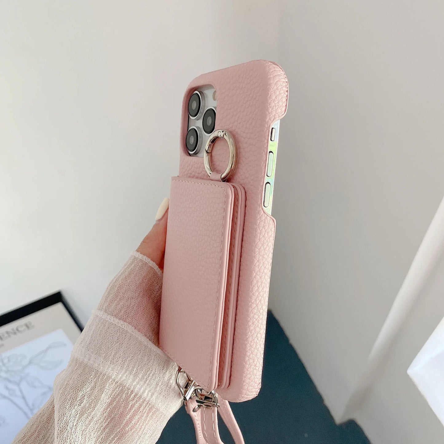 Ring Holder Mirror Card Slot Case For iPhone 13 12 Mini 16E 16 15 14 11 Pro XS Max 8 Plus Crossbody Wallet Lanyard Leather Cover