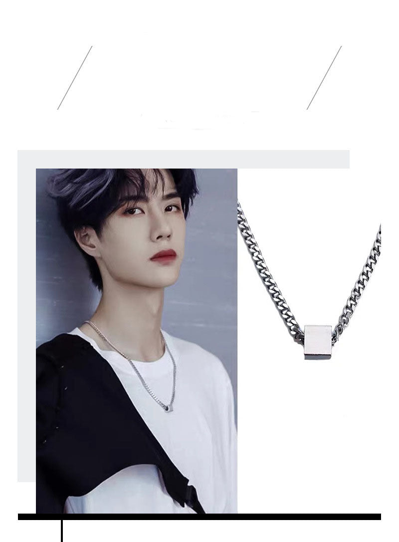 Geometric Block Wang Yibo Necklace for Men Trendy Hip-Hop Style Simple Versatile Sweatshirt Collarbone Chain Niche Design Sense Men