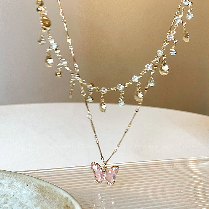 Blue Butterfly Double Tassel Necklace Summer Cool Necklace Accessories Female Niche Clavicle Chain