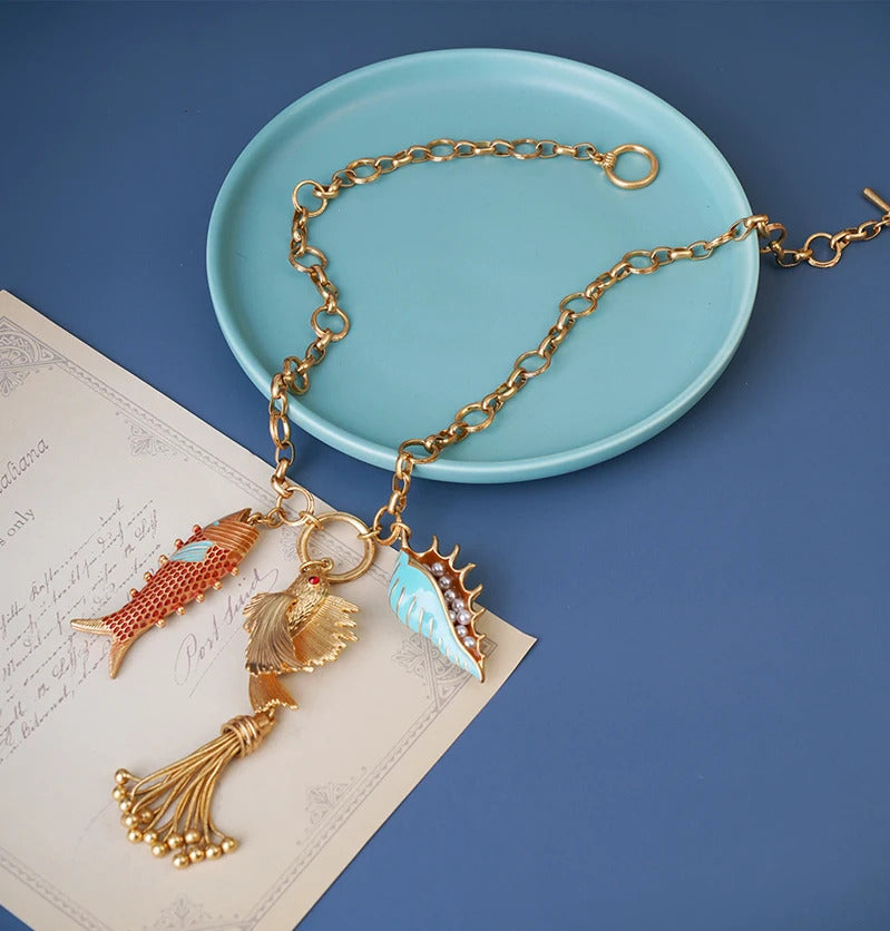 Cute Sea whale Necklace Pendant Chain Fish Fashion Jewelry Chic Mermaid Tassel Conch Dangle Choker Ocean Beauty Accessory