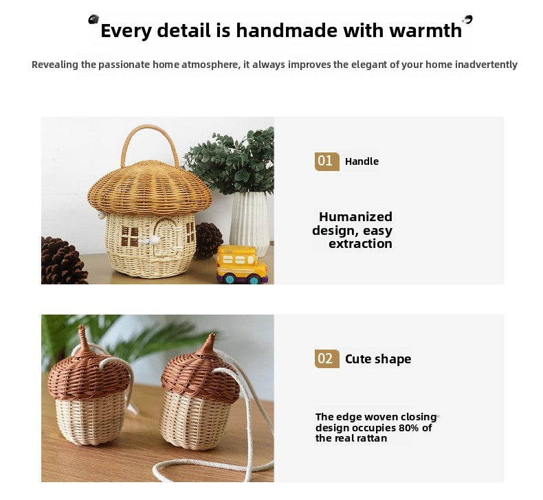 Acorn Handbag Handmade Rattan Mushroom Storage Box Children's Toy Basket Woven Storage Basket Photography Props
