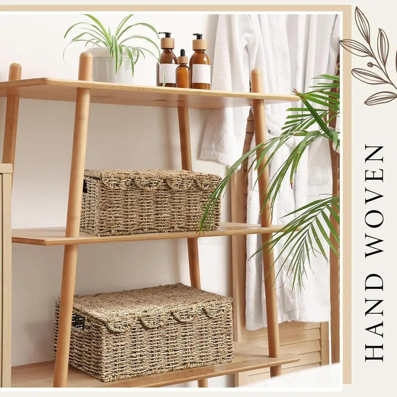 2 Pcs Scalloped Edge Wicker Basket with Lid Wicker Baskets for Organizing Storage Wicker Woven Handwoven Basket with Handles