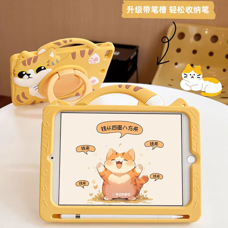 Cartoon Lucky Cat Silicone Case For Samsung Galaxy Tab A9 A7 Lite 8.7 S6 Lite 10.4 A8 X200 X205 Slot 360° Rotating Stand Cover