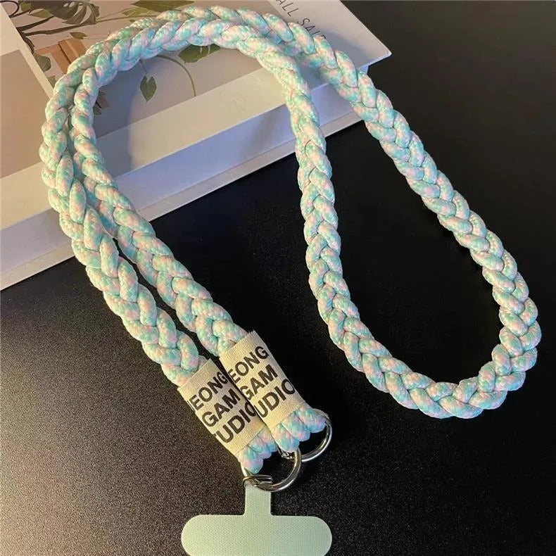 Durable Three-Strand Braided Mobile Phone Lanyard Long Crossbody Shoulder Strap with Ponytail Holder Pendant for Women