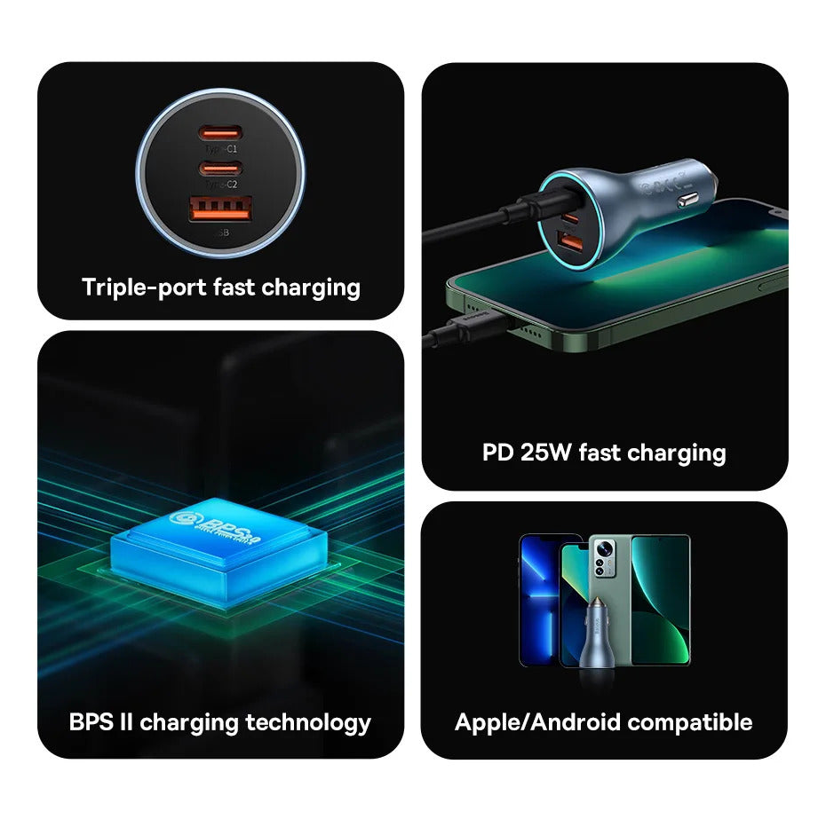 Baseus 65W Car Charger USB Type C Quick Charge 4.0 QC 3.0 PD Fast Charging For iPhone 13 Xiaomi Samsung Huawei USB C Car Charger
