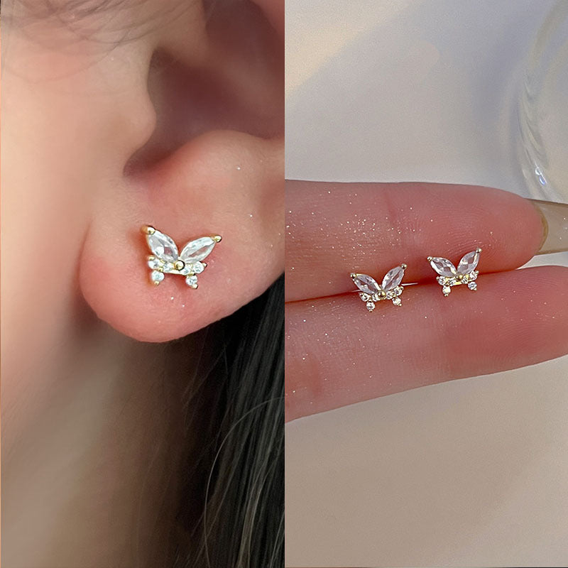 925 Silver Needle Love Butterfly Gravel Fashionable and Versatile Earrings Niche Unique Design Pearl Flower Earrings Earrings