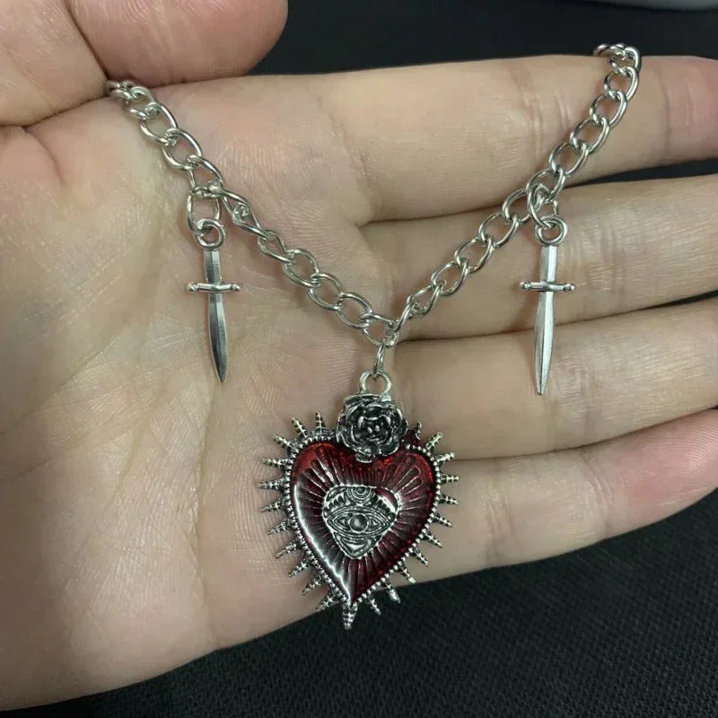 Goth Gothic Peach Heart Flower Sword Eye Cross Pendant Choker Chain Necklace For Man Women New Fashion Jewelry Vintage Punk
