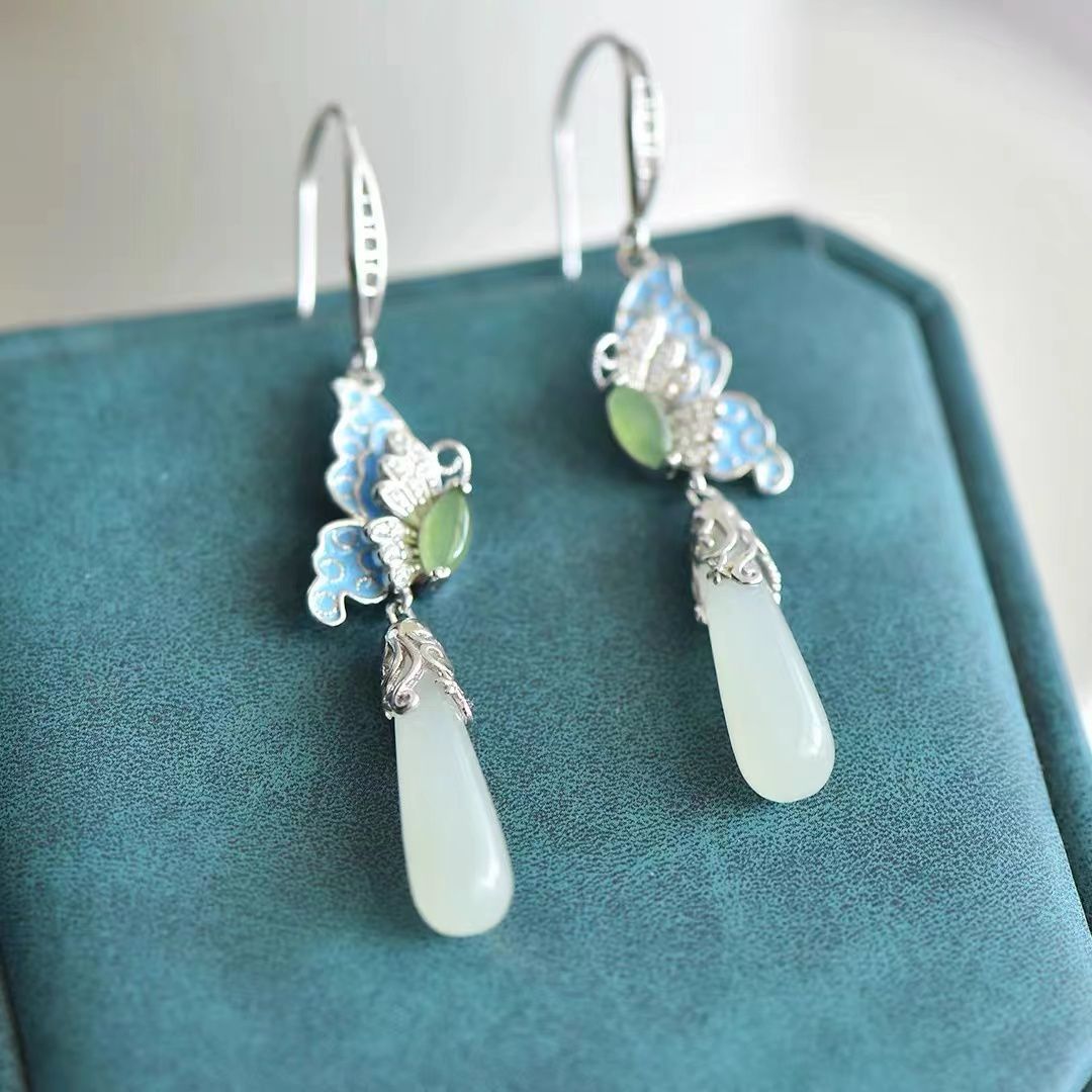 Chinese Style Hanfu Accessories 2025 New Water Drop Earrings for Women New Chinese Style Retro Colorful Butterfly Earrings