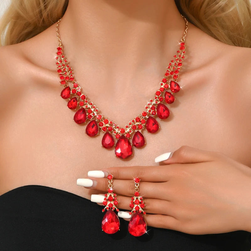 3PC Women's Fashion Trendy Charm Crystal Water Drop Necklace Earrings Jewelry Set Wedding Banquet Party Holiday Gift