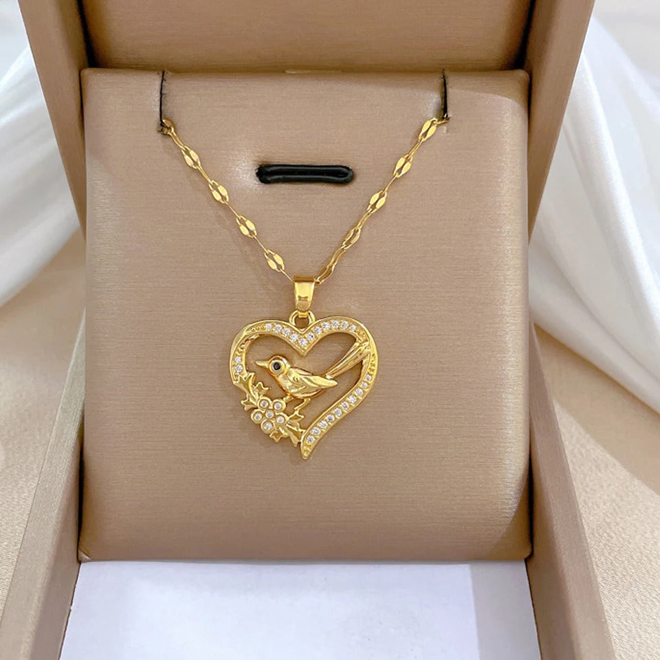 ZAKOL Classic Gold Color Stainless Steel Necklace For Women Shiny Zircon Geometric Heart Pendant Necklaces Jewelry Gift