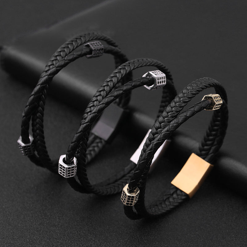 Personalized multi-layer woven leather bracelet men's hot sale stainless steel diamond bracelet gift jewelry