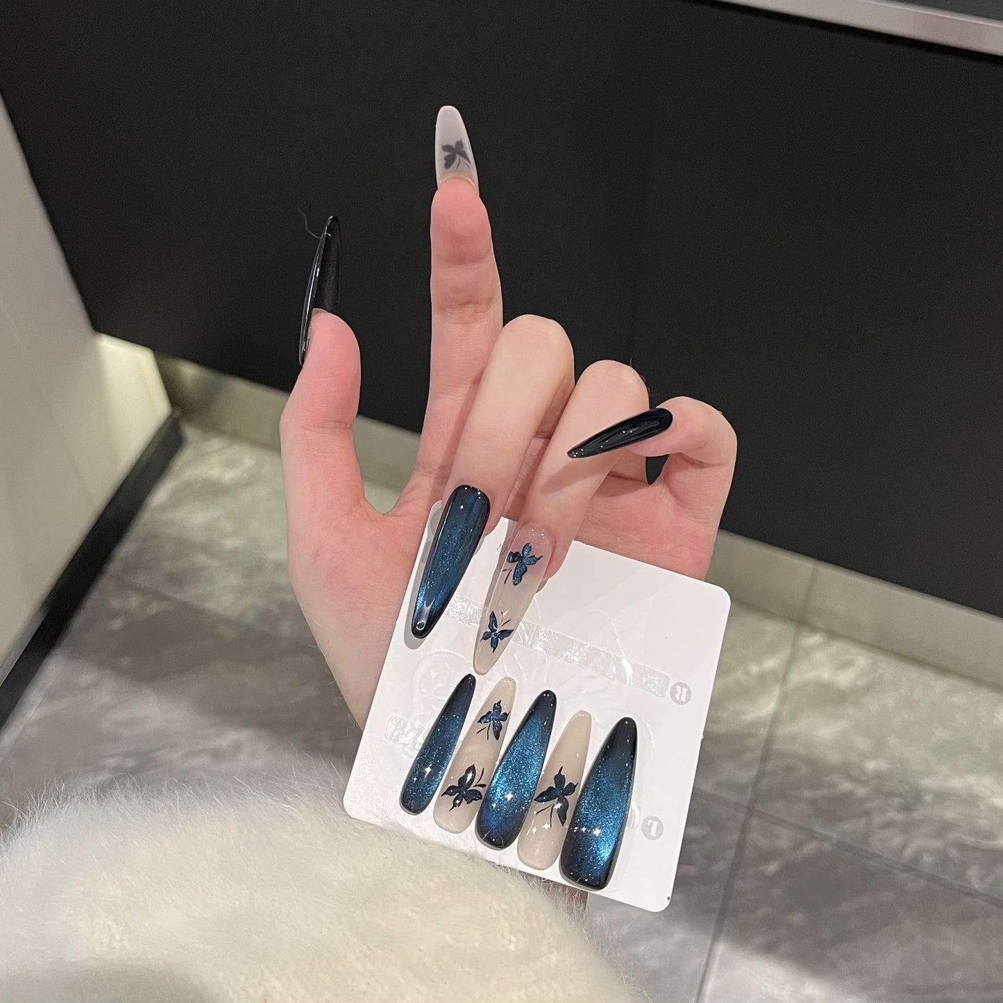 Dairison [Magic Butterfly] Wearable Nails Pure Handmade Advanced AB Glass Bead Cat Eye Dynamic Butterfly Nail Tips